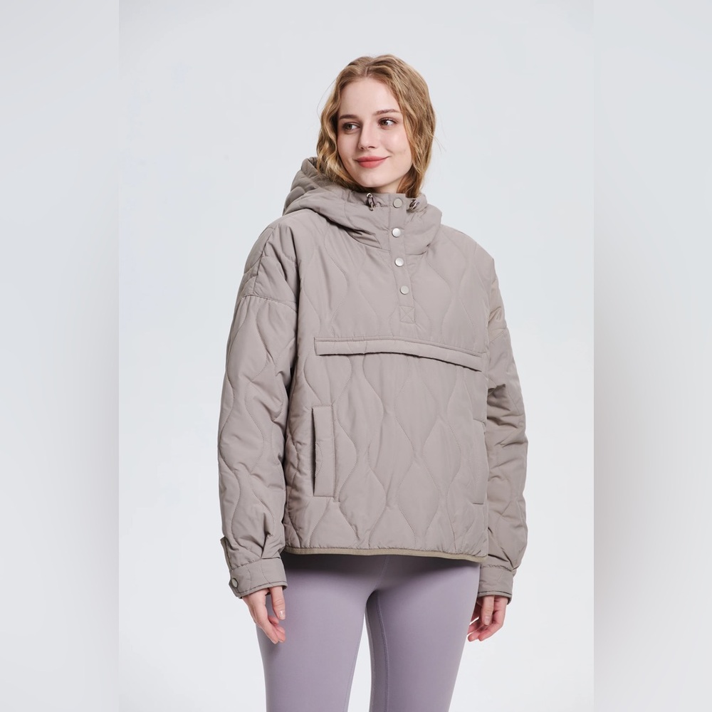 Puffit dark taupe packable Quilted Water - Repellent Hooded Pullover small nwot
